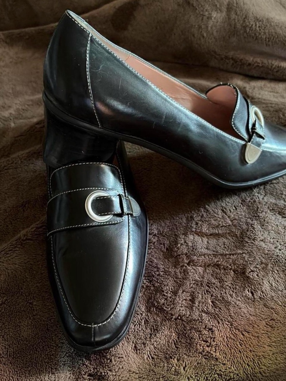 Joan & David Black Leather Block Heel Loafers with Silver Buckle
